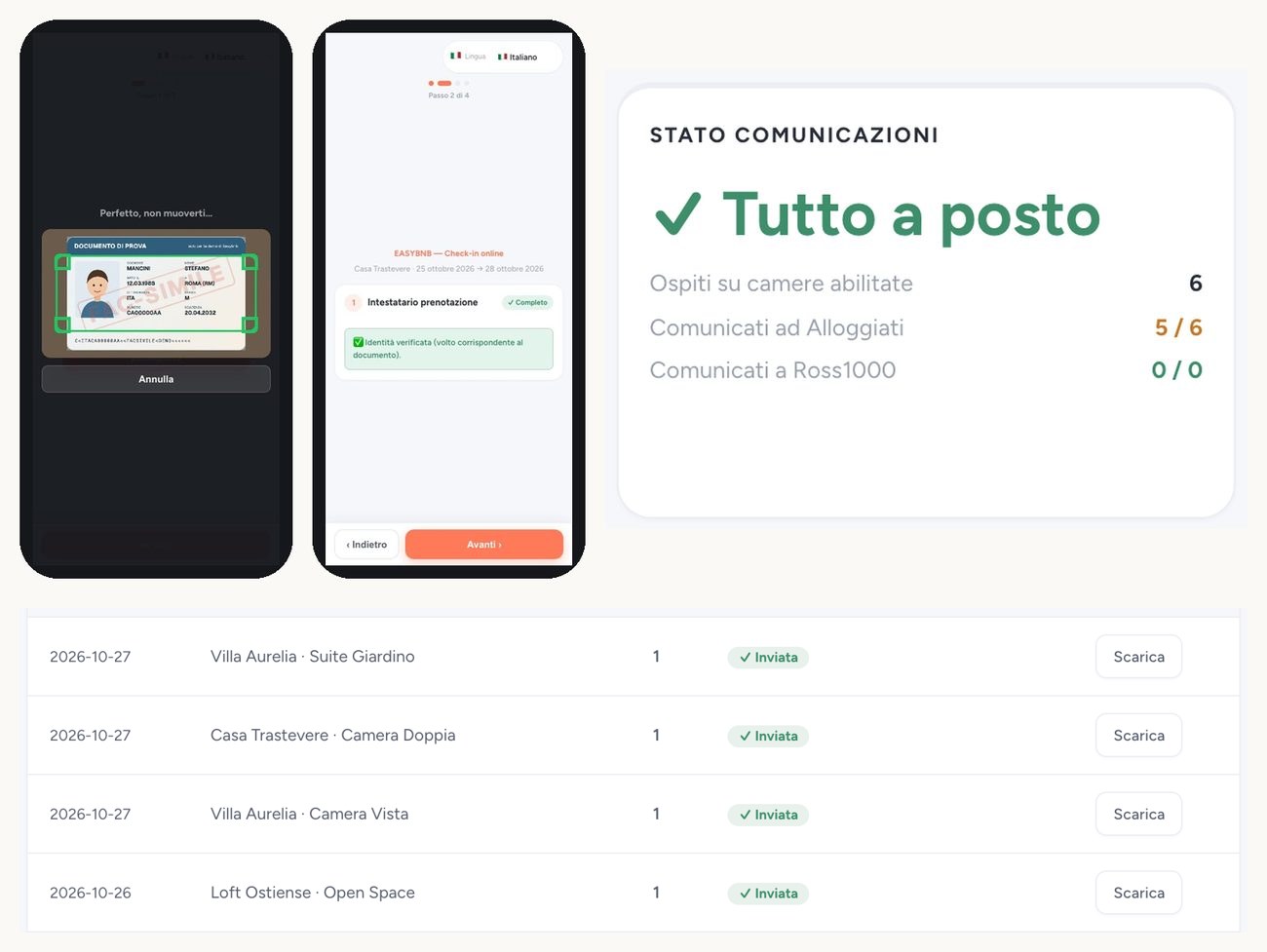 Il check-in dal telefono, lo stato delle comunicazioni e le schedine inviate con la ricevuta da scaricare